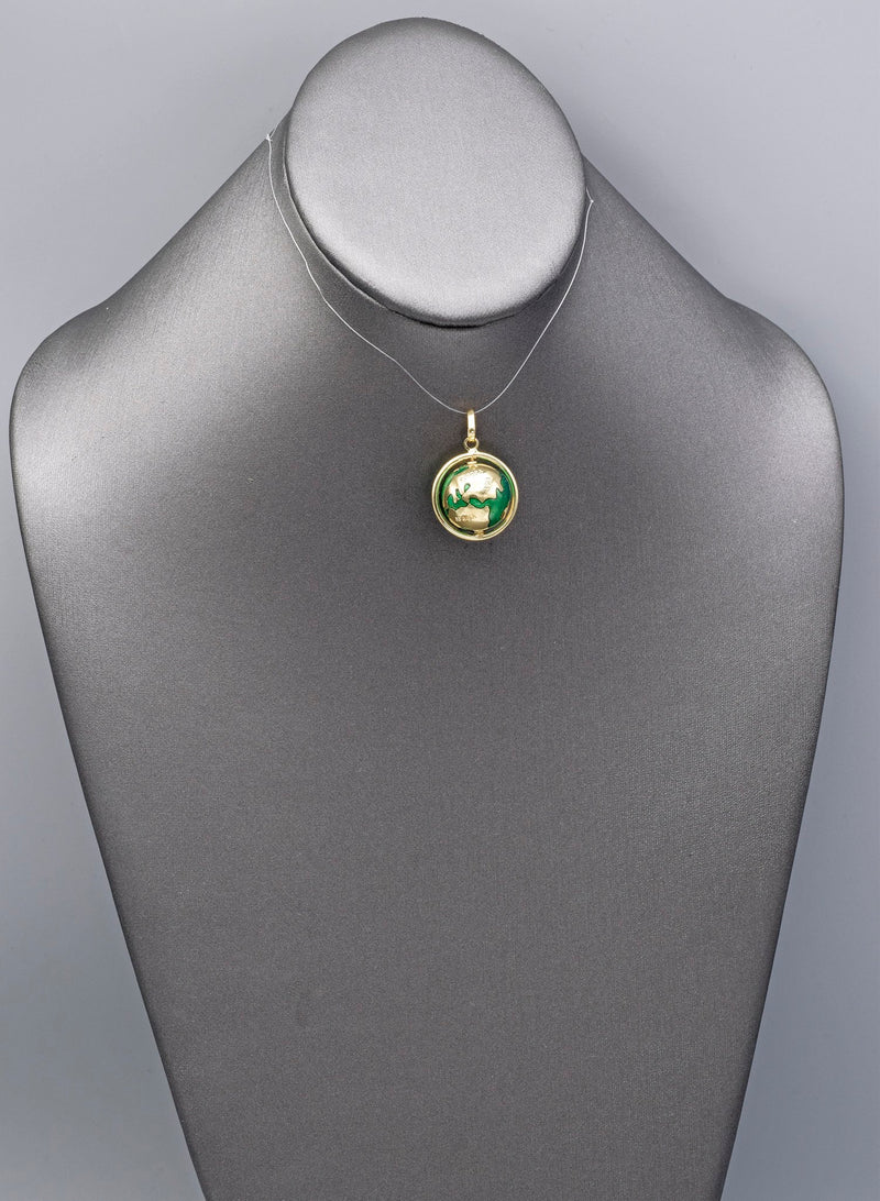 Vintage 9K Yellow Gold Green Enamel Spinning Globe World Charm Pendant 5.5G