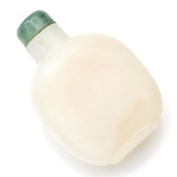 Antique Chinese White Peking Glass & Green Jade Cap Snuff Bottle 39.3 Grams