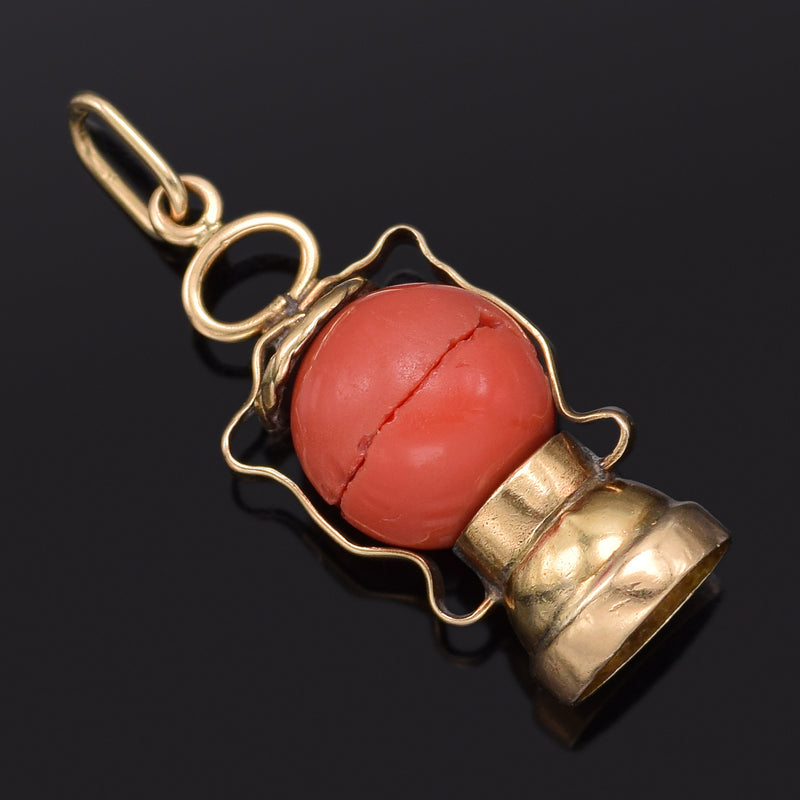 Vintage 14K Yellow Gold Red Coral Charm Pendant