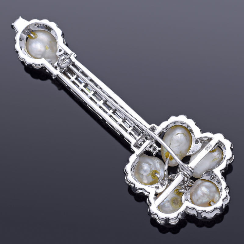 Vintage 18K White Gold Baroque Pearl & 3.89 TCW Diamond Key Brooch Pin 15.4G