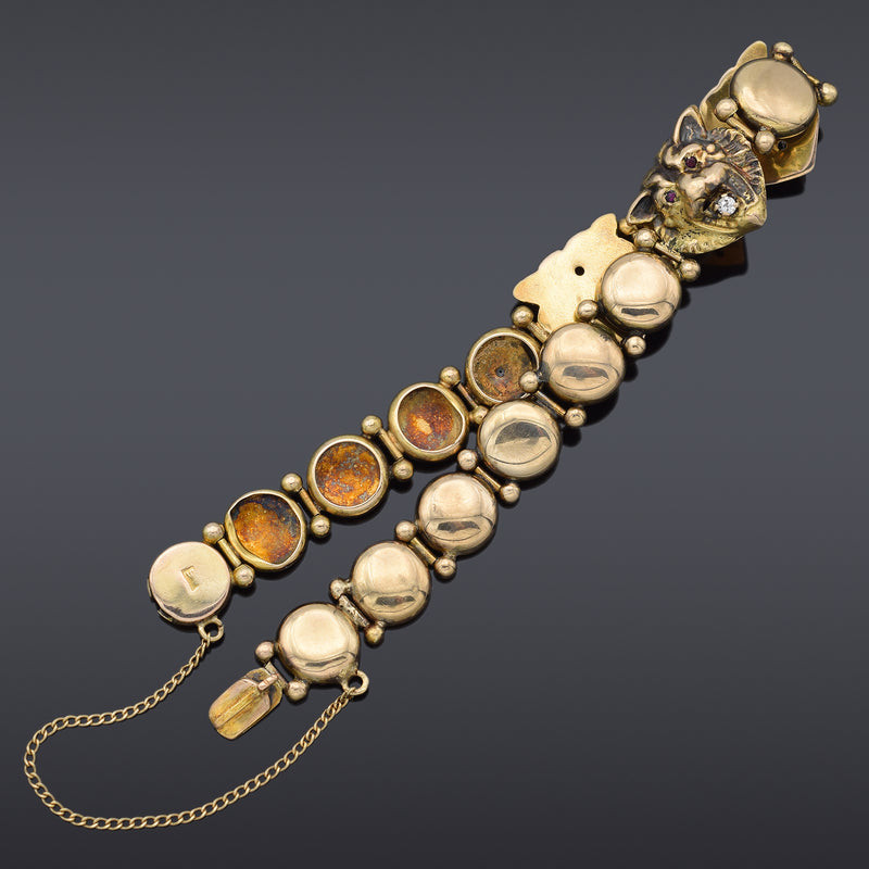 Antique Victorian 9K Yellow Gold Old Mine Cut Diamond & Ruby Tennis Bracelet