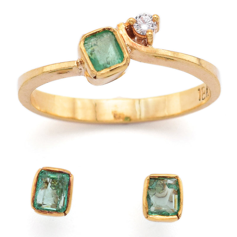 Vintage 18K Yellow Gold Emerald & CZ Band Ring & Stud Earrings Set