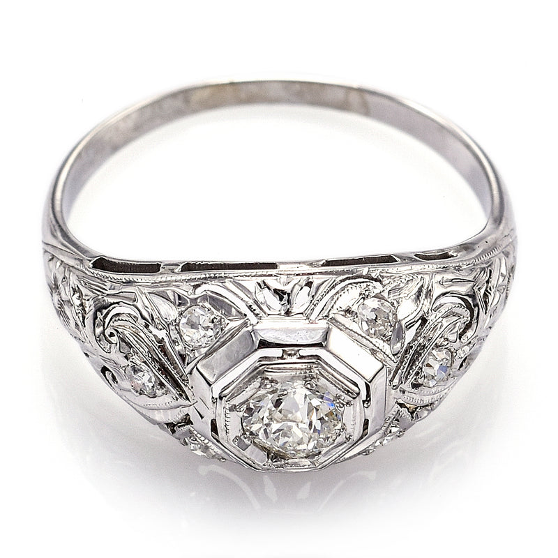 Antique 18K White Gold 0.40 TCW Old Euro Diamond Art Deco Band Ring
