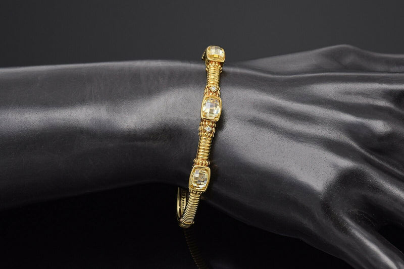 Judith Ripka 14K Gold Canary Crystal & Diamond Hinged Bangle Bracelet +Box 21.2G