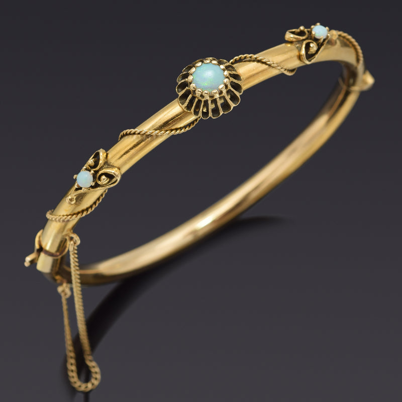 Antique Victorian 14K Yellow Gold Opal Hinged Bangle Bracelet + Box