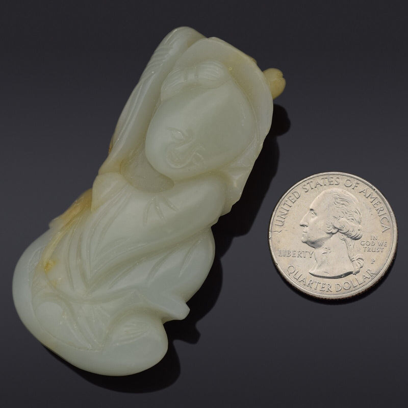 Antique Pale Green Mutton Fat Jade Carved Deity Figurine Pendant 67.4 Grams