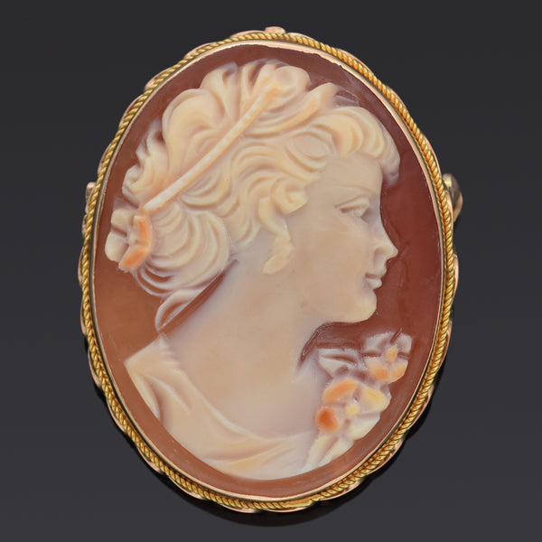 Antique Italy 14K Yellow Gold Cameo Shell Oval Brooch Pin Pendant