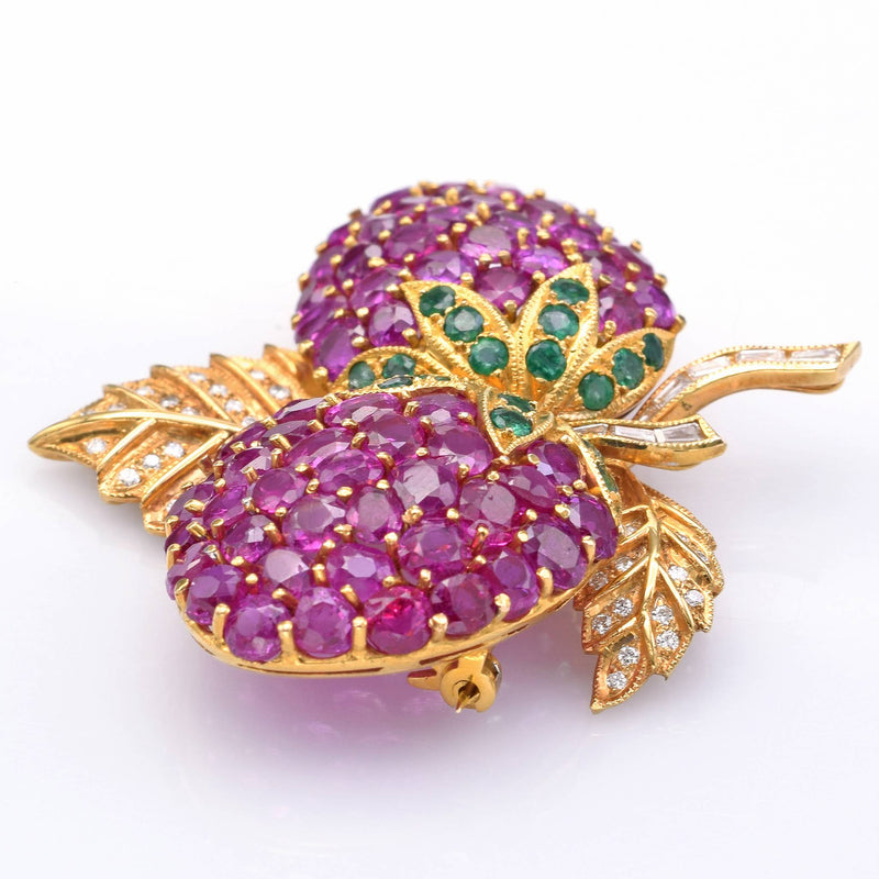 Vintage 22K Gold 18.24TCW Ruby, Diamond & Emerald Strawberry Brooch