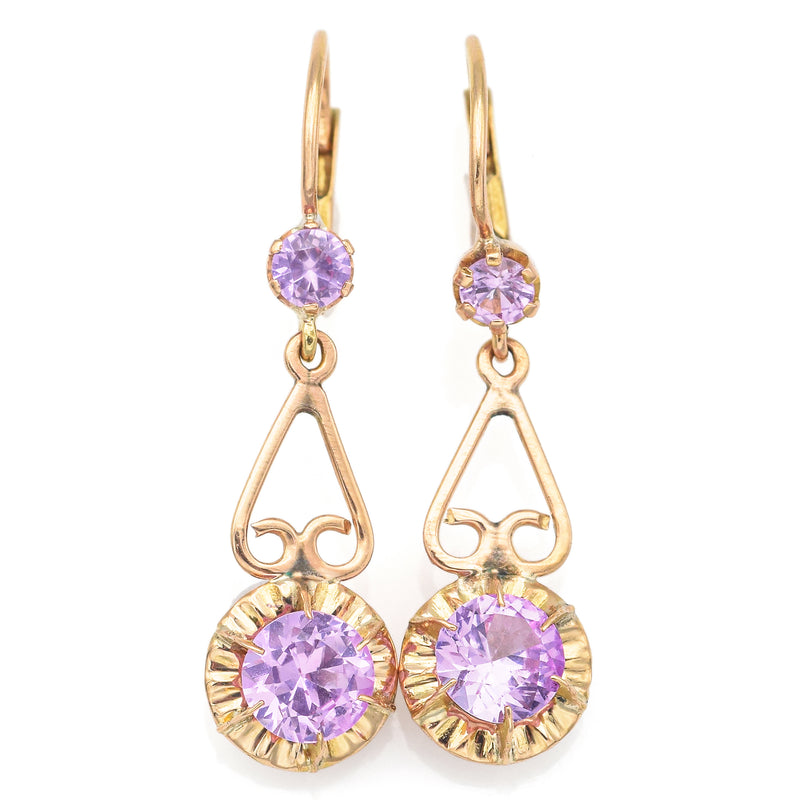 Vintage 14K Yellow Gold Pink Sapphire Dangle Leverback Earrings