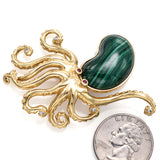 Vintage 14K Yellow Gold Malachite, Ruby & Diamond Octopus Large Brooch Pin