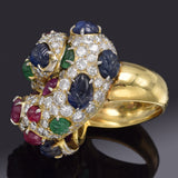 Vintage 18K Gold Sapphire Ruby Emerald & 3.77 TCW Diamond Cluster Cocktail Ring