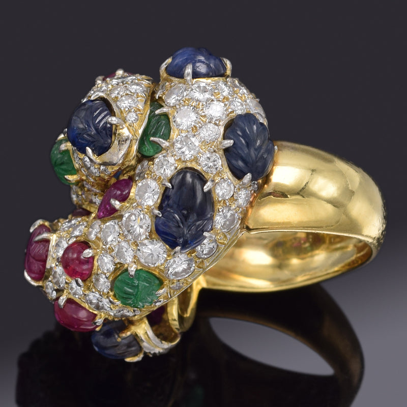 Vintage 18K Gold Sapphire Ruby Emerald & 3.77 TCW Diamond Cluster Cocktail Ring