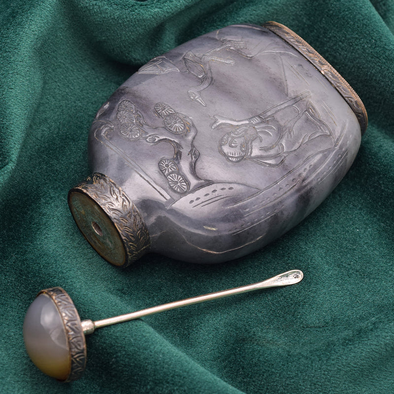 Antique Chinese Jade People Landscape & Crane Carved Snuff Bottle 133.1 Grams