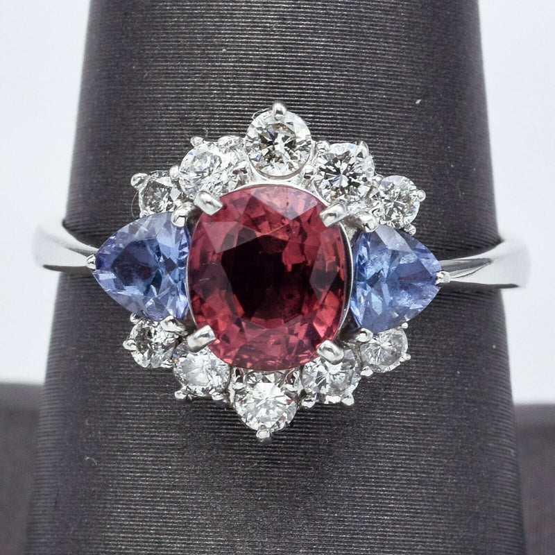 Estate 18K Gold Pink Tourmaline, Tanzanite & Diamond Band Ring
