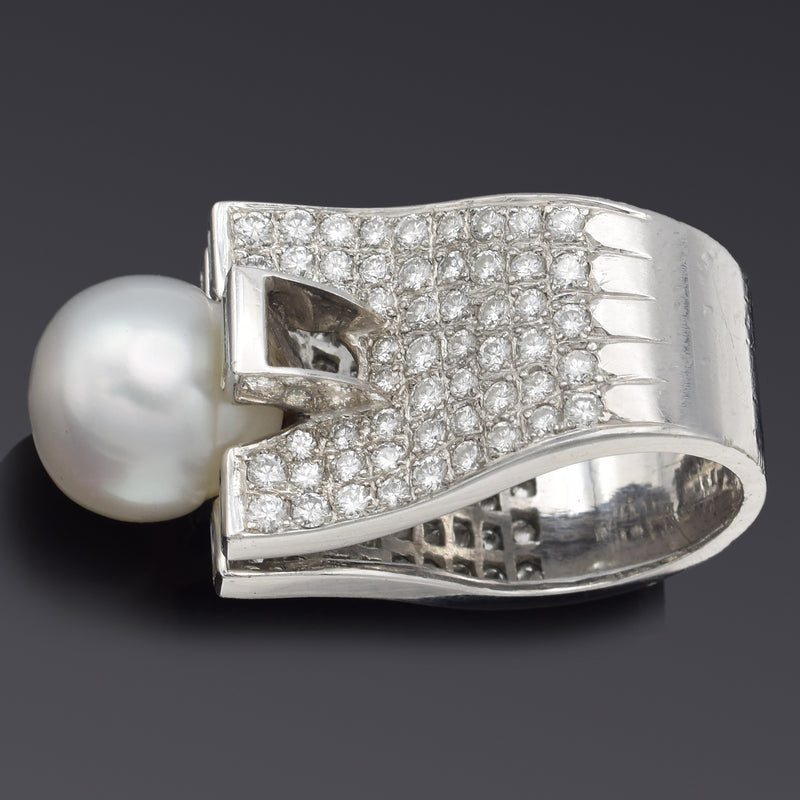 Vintage 18K White Gold Sea Pearl & 3.85 TCW Diamond Cocktail Ring 19.4G Size 5
