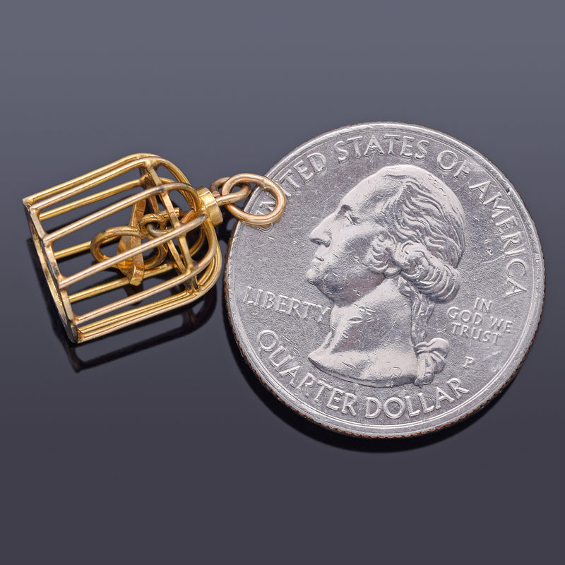 Vintage 14K Yellow Gold Bird in Birdcage Charm Pendant 1.8 Grams