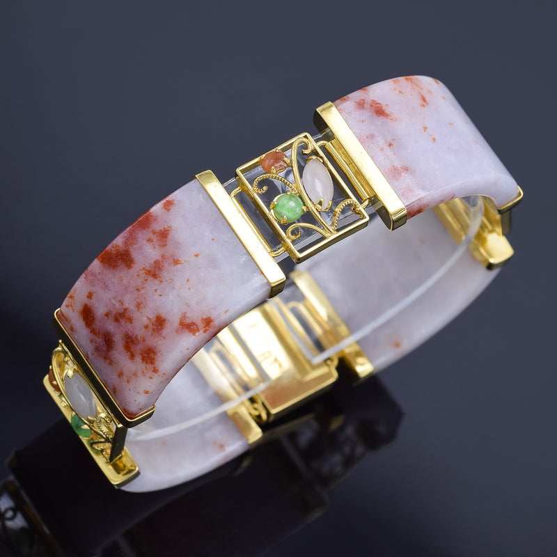Vintage 14K Yellow Gold Lavender & Red Jade Wide Link Bracelet