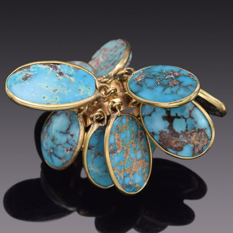 Antique 14K Gold Genuine Persian Turquoise Dangle Multi-Charm Band Ring 13.8Gr