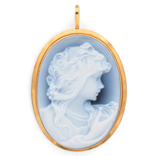 Vintage 18K Yellow Gold Blue Agate Cameo Brooch Pin Pendant
