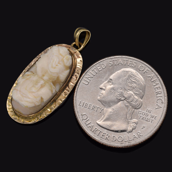 Antique 14K Yellow Gold Angel Skin Coral Oval Cameo Pendant 26.9 x 13.8 mm