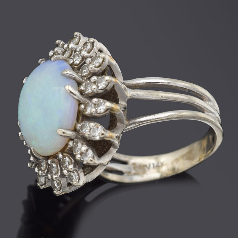 Vintage 14K White Gold 3.68 Ct Opal & 0.96 TCW Diamond Cocktail Ring