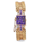 Vintage 14K Yellow Gold Amethyst & Diamond Hand Wind Women's Watch +Box