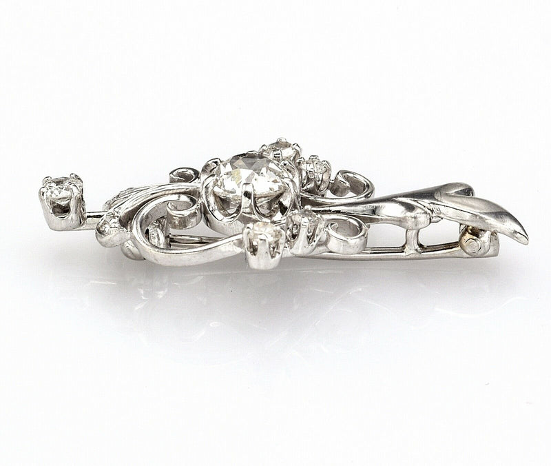 Antique 14K White Gold 0.80 TCW Euro Cut Diamond Art Deco Brooch Pin G/H