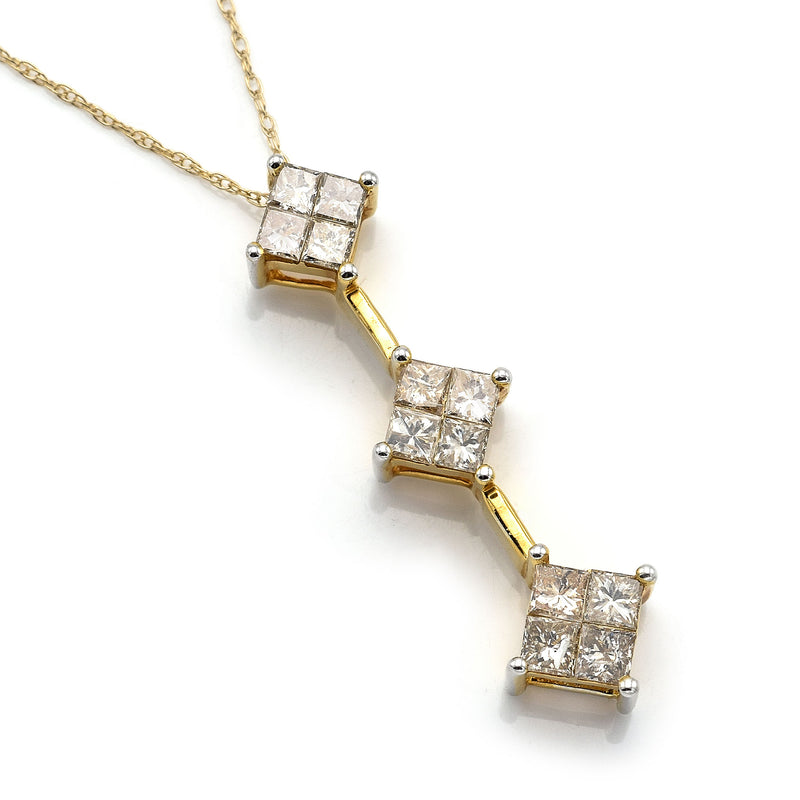 Vintage 14K Yellow Gold 1.08 TCW Diamond Square Bar Journey Pendant Necklace