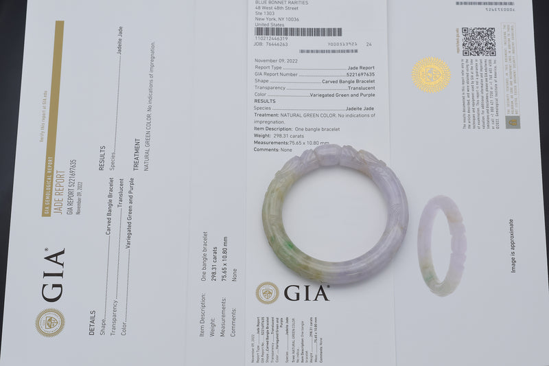 GIA Cert Translucent Variegated Green Purple Carved Jadeite Jade Bangle Bracelet