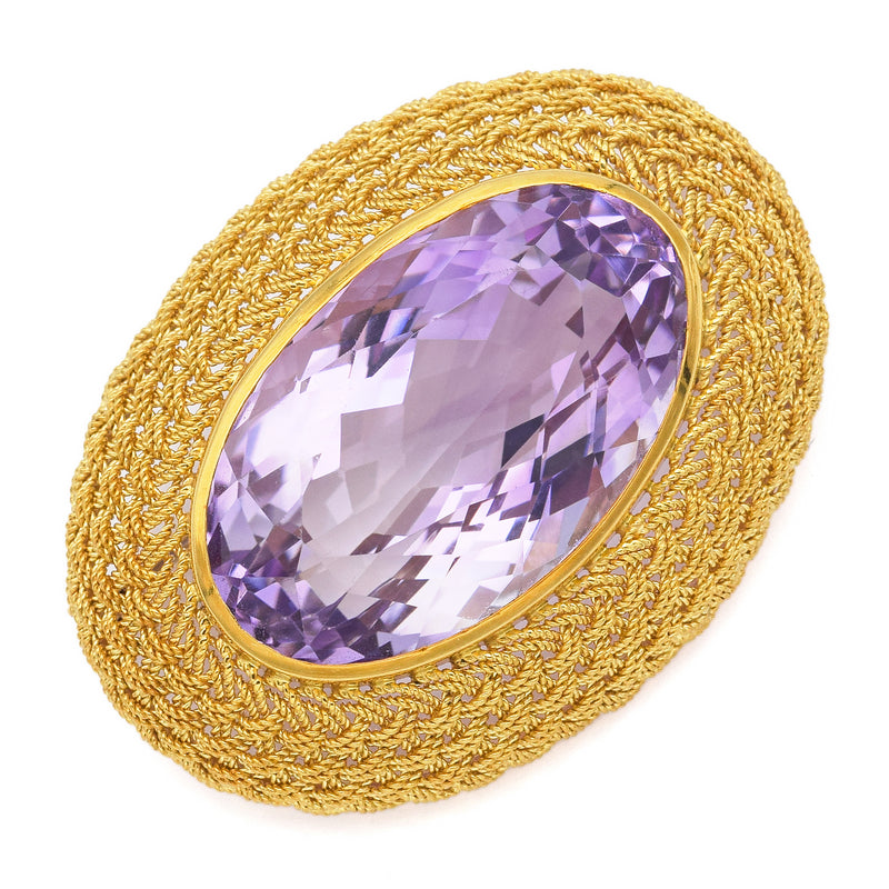 Vintage 18K Yellow Gold 28.66 Ct Amethyst Brooch Pin 38.5 x 28.3 mm