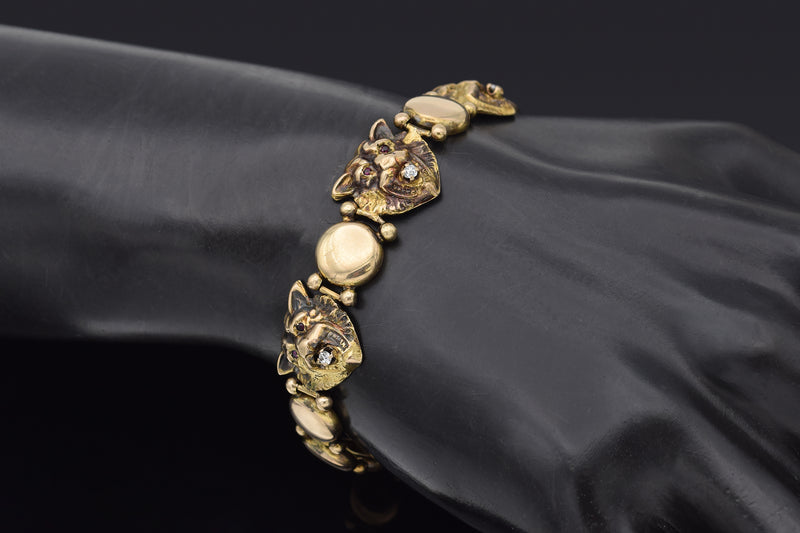 Antique Victorian 9K Yellow Gold Old Mine Cut Diamond & Ruby Tennis Bracelet