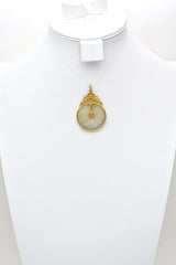 Vintage 24K Yellow Gold Pale Green Jade Large Round Disc Pendant + Pouch