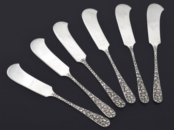 Set of 6 Antique Schofield Sterling Silver Baltimore Rose Butter Spreaders No Mono