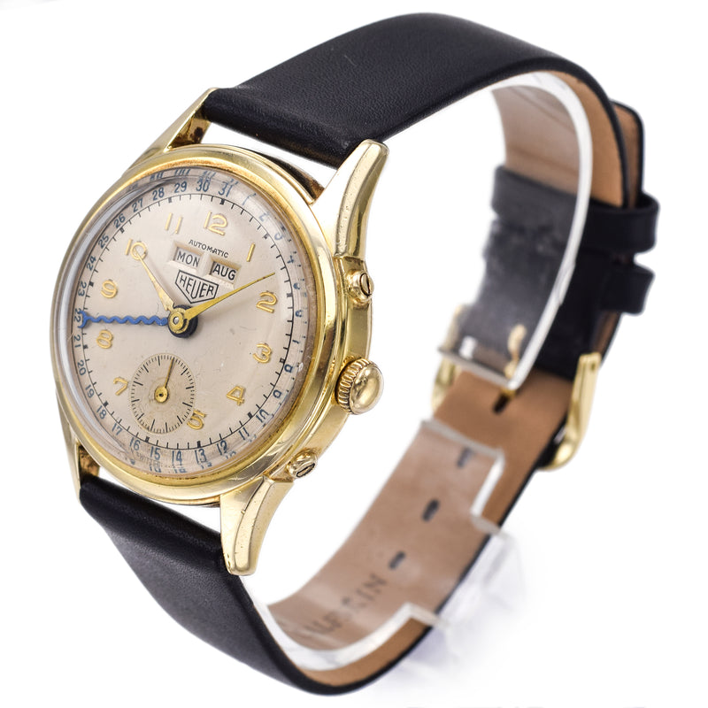 Vintage 1960s 14K Gold Heuer Triple Date Automatic Watch Men's 33mm