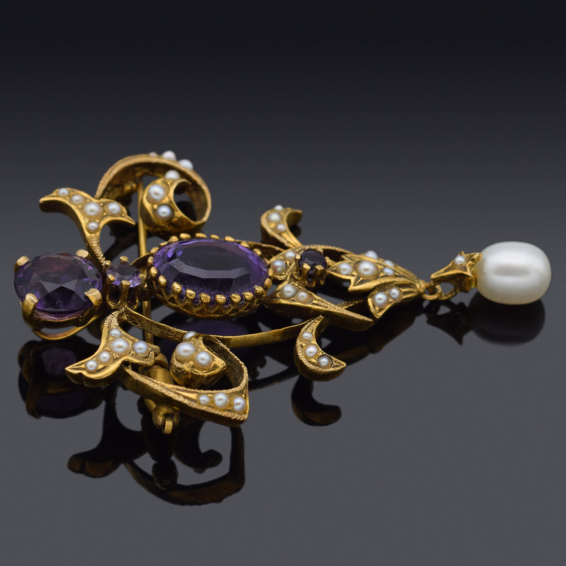 Antique Victorian 14K Yellow Gold Amethyst & Sea Pearl Brooch Pin Pendant