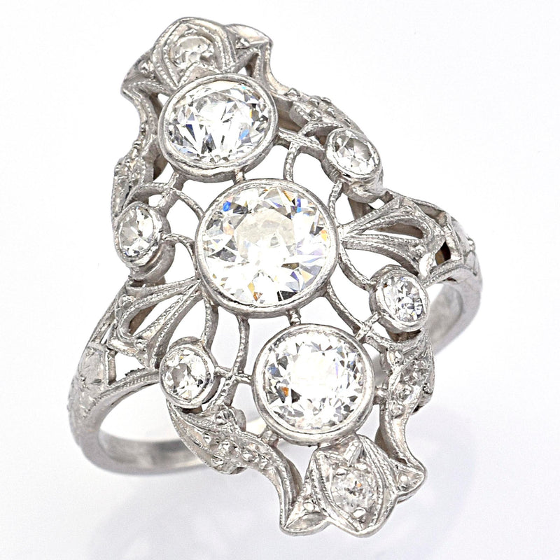 Antique Platinum Old Euro Cut Diamond Art Deco Cocktail Ring