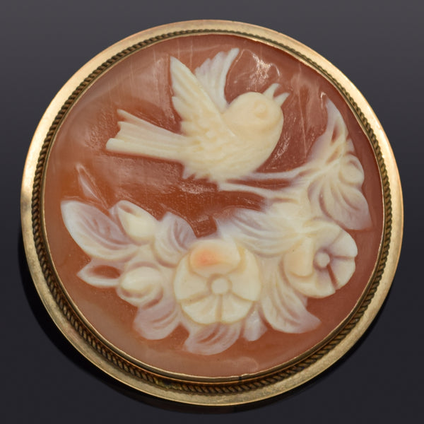 Antique 14K Yellow Gold Cameo Shell Floral Bird Round Brooch Pin Pendant