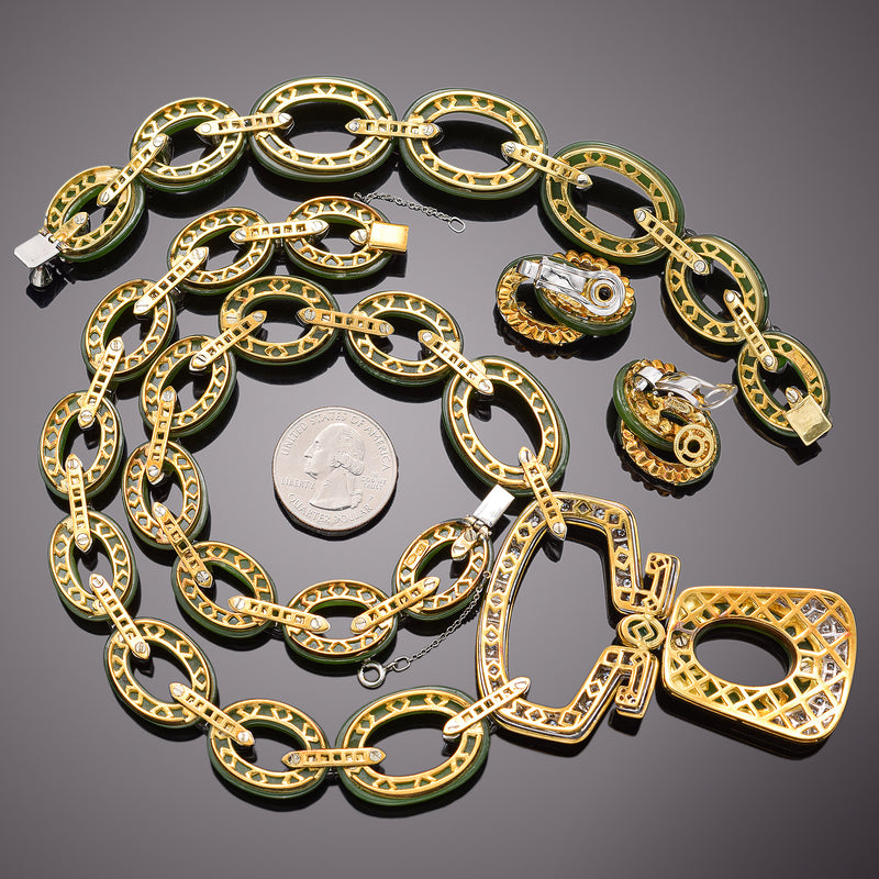 18K Gold Green Jade & 7.48 TCW Diamond Cable Link Necklace Earrings Bracelet Set