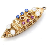 Vintage 14K Gold Ruby, Sapphire & Pearl Bon Voyage Cruise Ship Charm Pendant