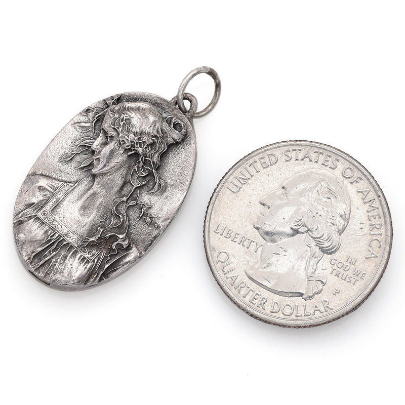 Vintage Henryk Winograd HW 999 Fine Silver Repoussé Woman Primavera Pendant Sm