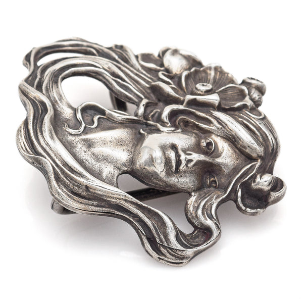 Antique Art Nouveau Sterling Silver Floral Lady Belt Buckle 57.4 x 52.5 mm