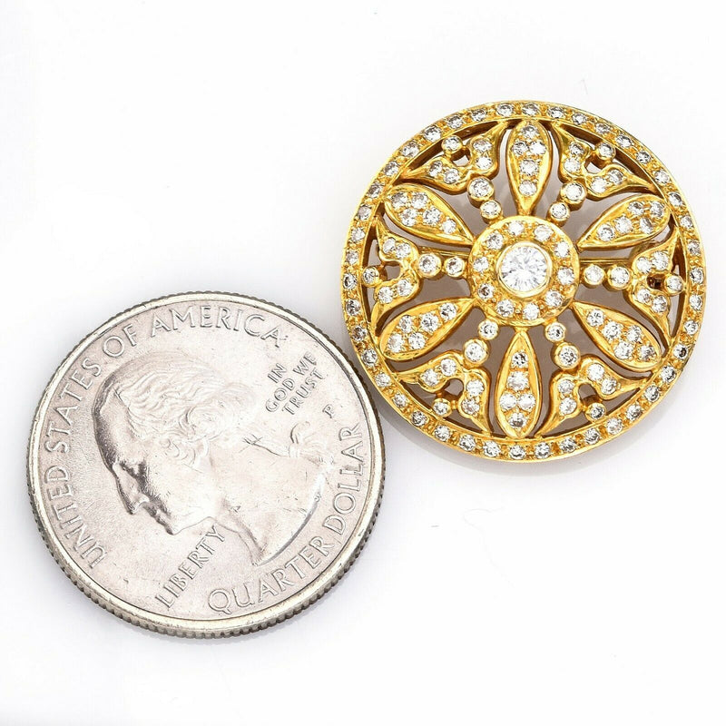 Antique 14K Yellow Gold Diamond Art Deco Round Brooch Pendant D/E VS-1