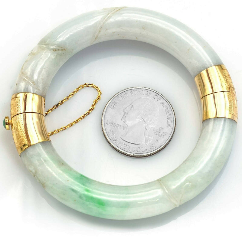 Vintage 14K Yellow Gold Carved Green Jade Hinged Bangle Bracelet