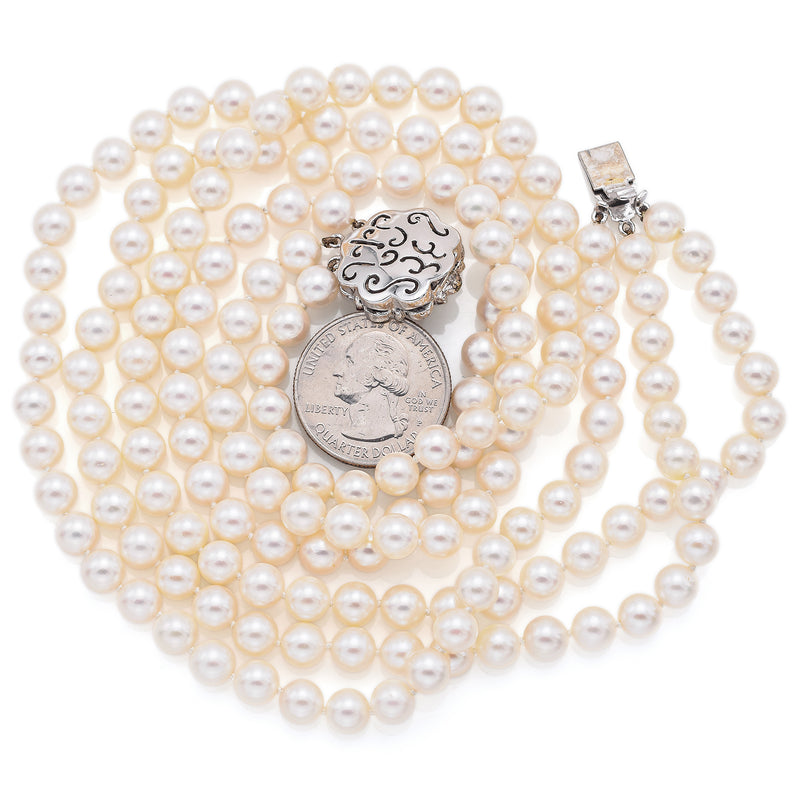 Vintage 14K White Gold Sea Pearl & Diamond Beaded Multi-Strand Necklace + Box