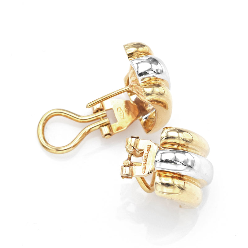 Vintage Italian 18K Yellow & White Gold Ribbed Omega Back Drop Earrings