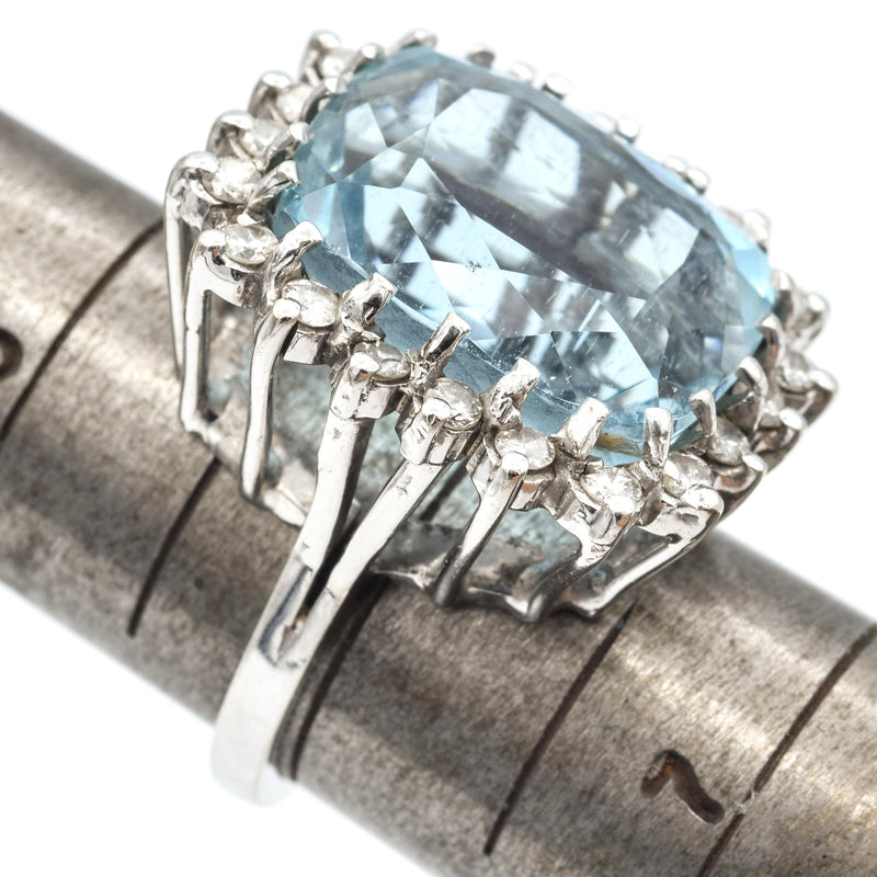 Vintage 14K White Gold Aquamarine And Diamond Cocktail Ring
