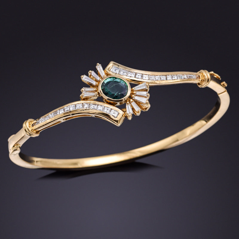 Vintage 18K Yellow Gold Emerald & 1.29 TCW Diamond Hinged Bangle Bracelet