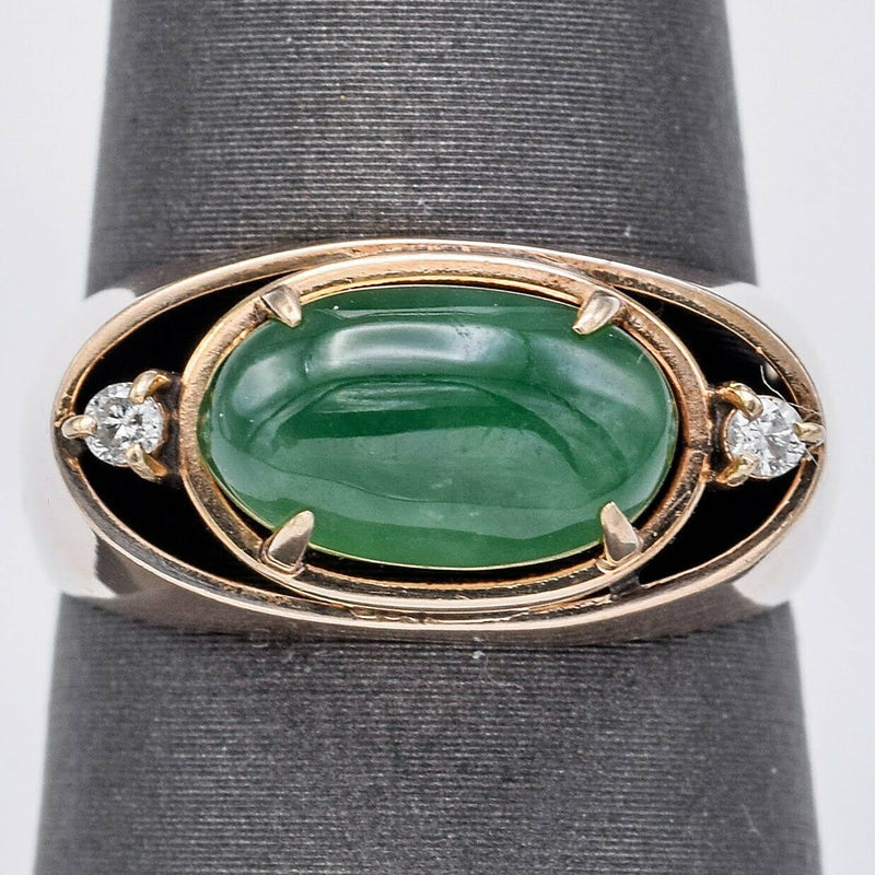 Vintage 14K Yellow Gold 2.61 Ct Green Jade & Diamond Band Ring