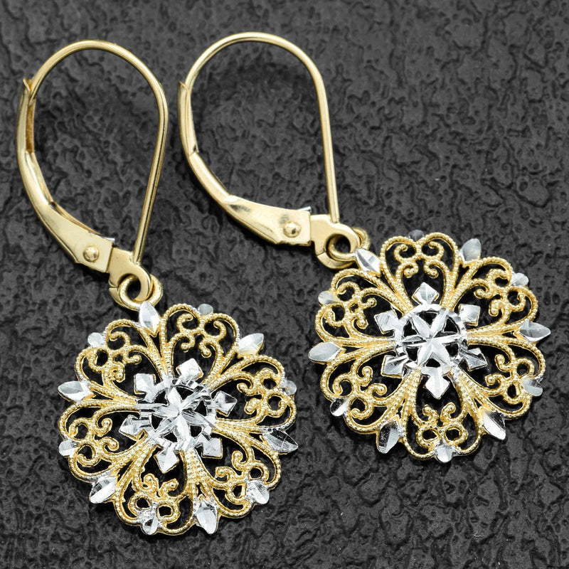 Vintage 14K Yellow & White Gold Snowflake Filigree Dangle Lever-Back Earrings