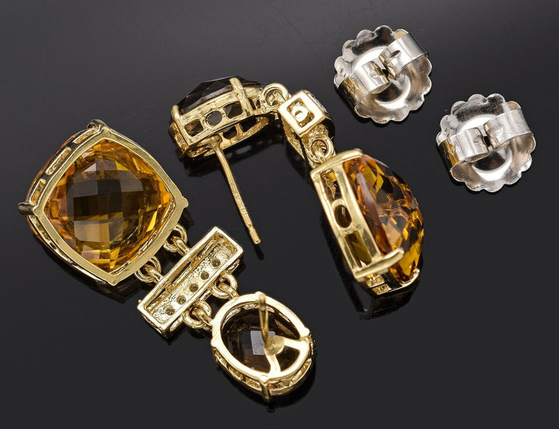 Vintage 14K Yellow Gold Citrine & Diamond Drop Earrings 10.7Grams 33.0 x 13.5 mm